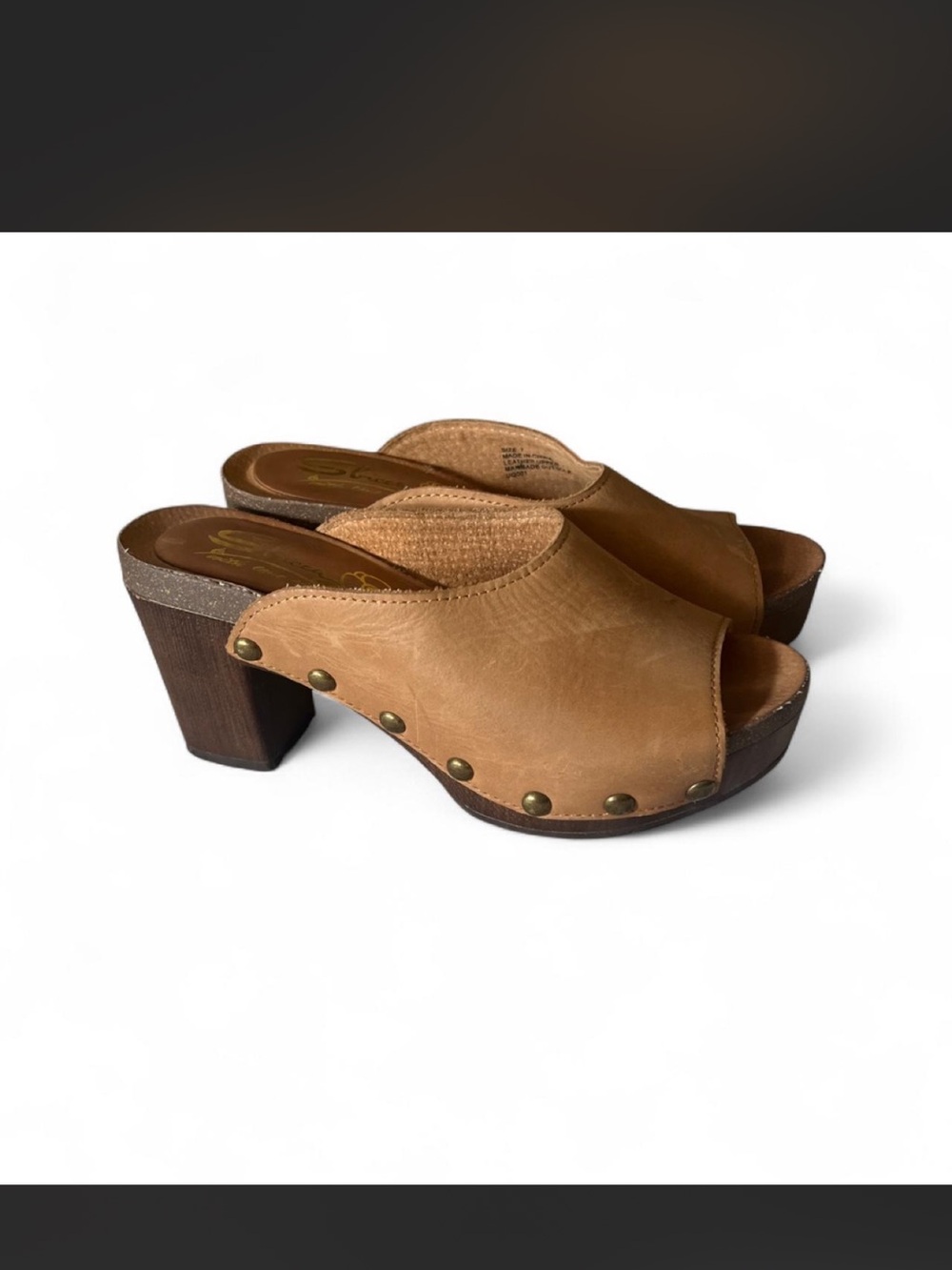 Sbicca Tan Leather Studded Platform Clog Heels - Women size 7